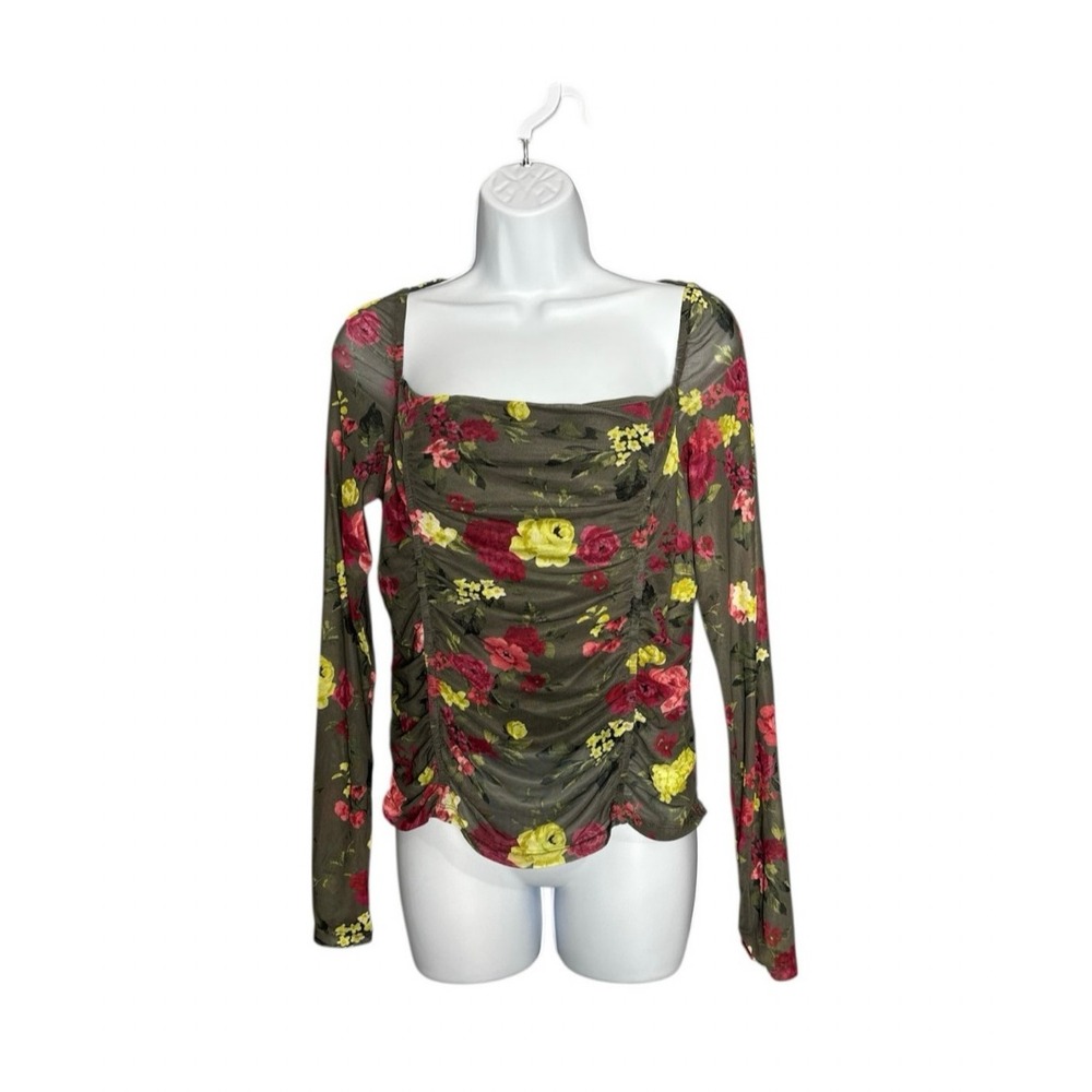 Bar III Women's Olive Green Floral Mesh Square Neck Ruched Long Sleeve Top L